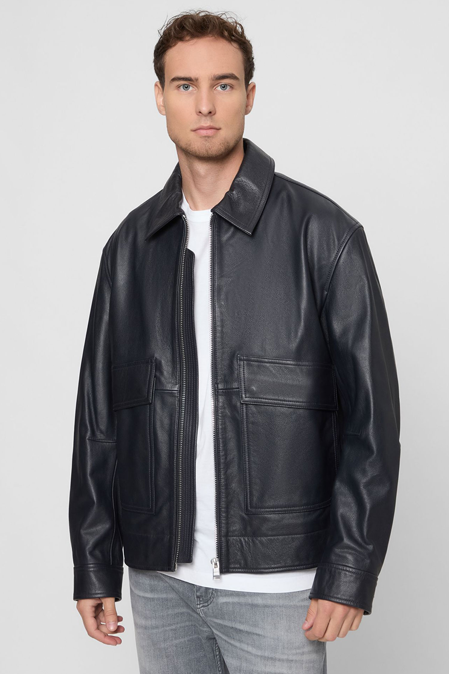 Мужская темно-синяя кожаная куртка BOSS 50540931;404