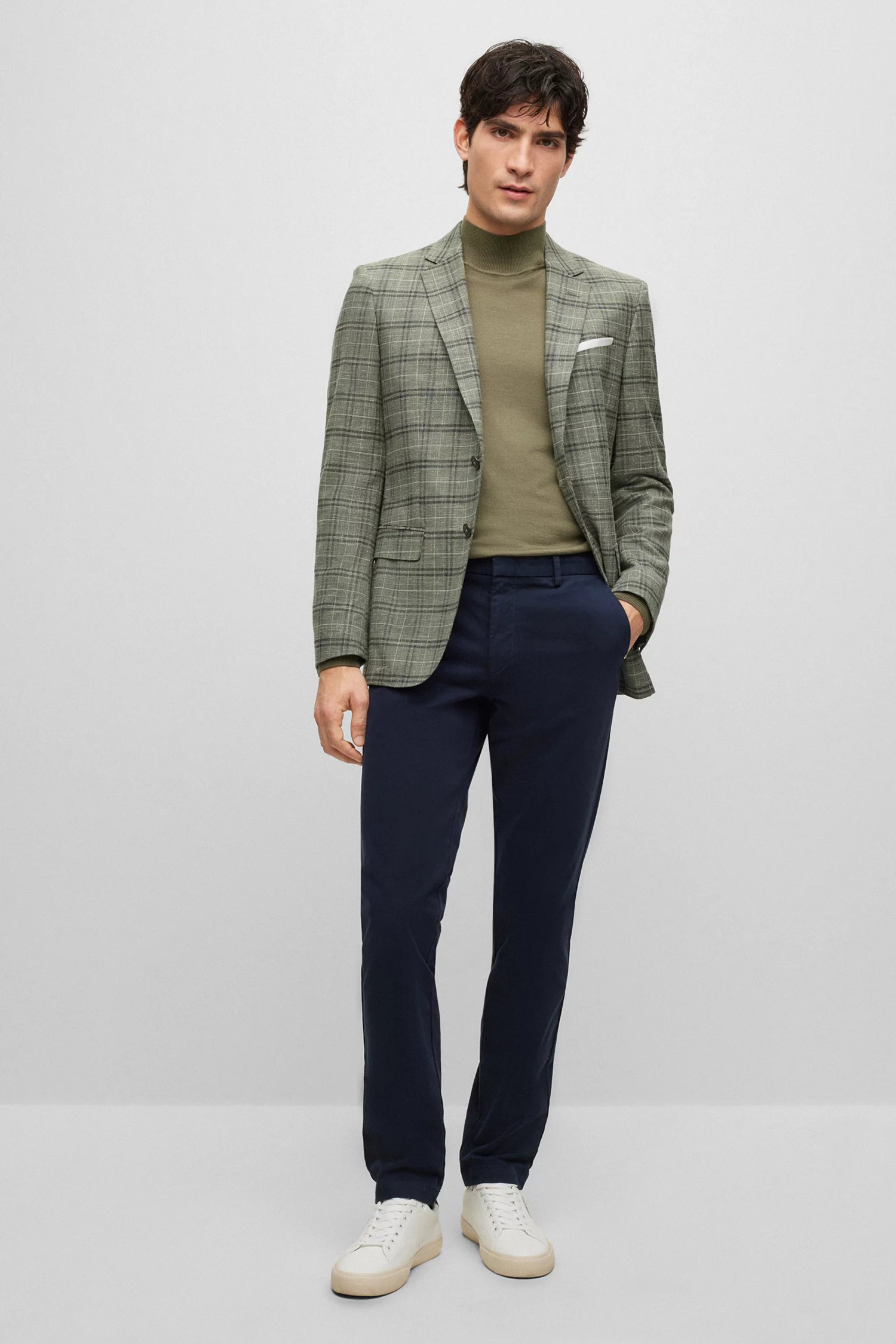 Мужской оливковый шерстяной пиджак в клетку BOSS 50489424;343