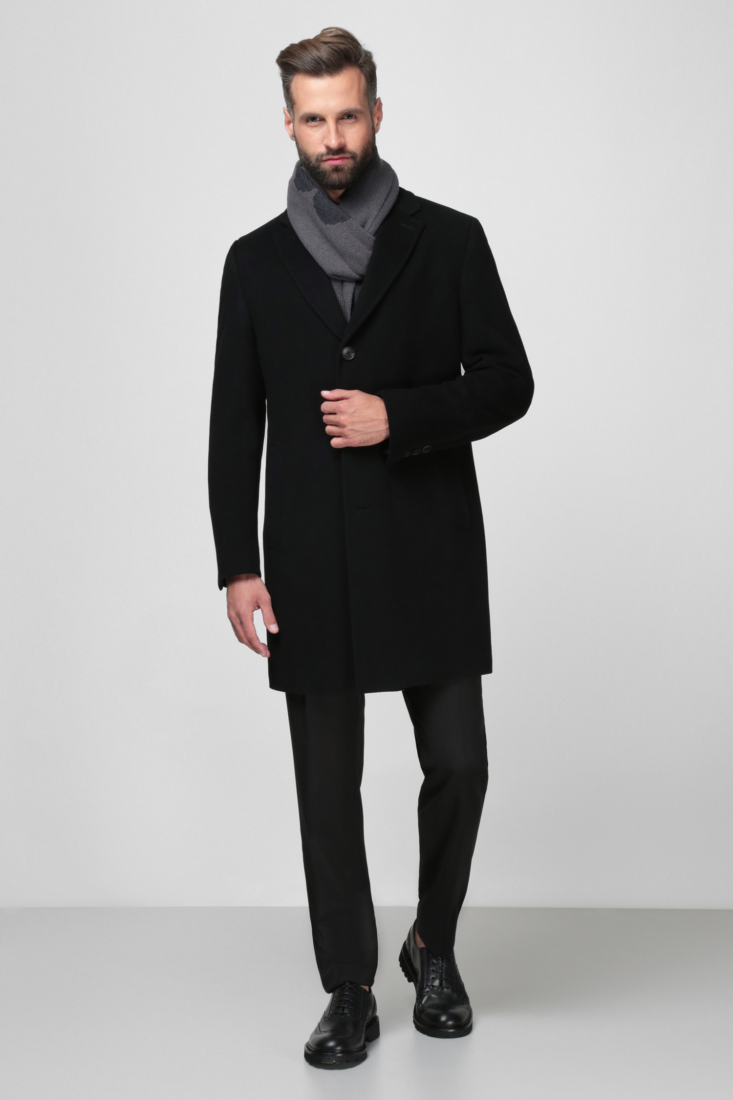 Мужское черное шерстяное пальто BOSS 50459023;001