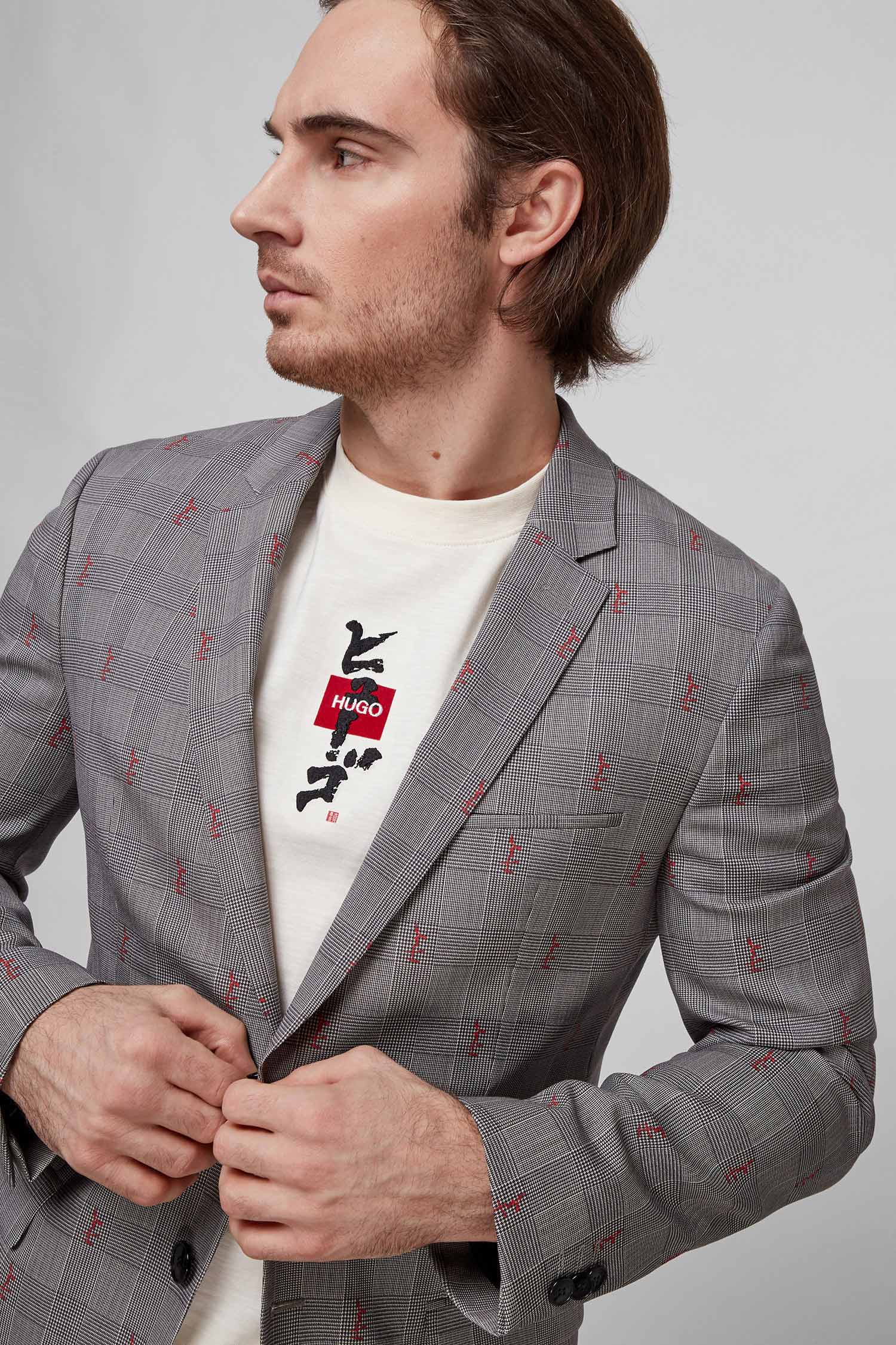 Мужской серый шерстяной костюм в клетку(пиджак, брюки) HUGO 50459659;021