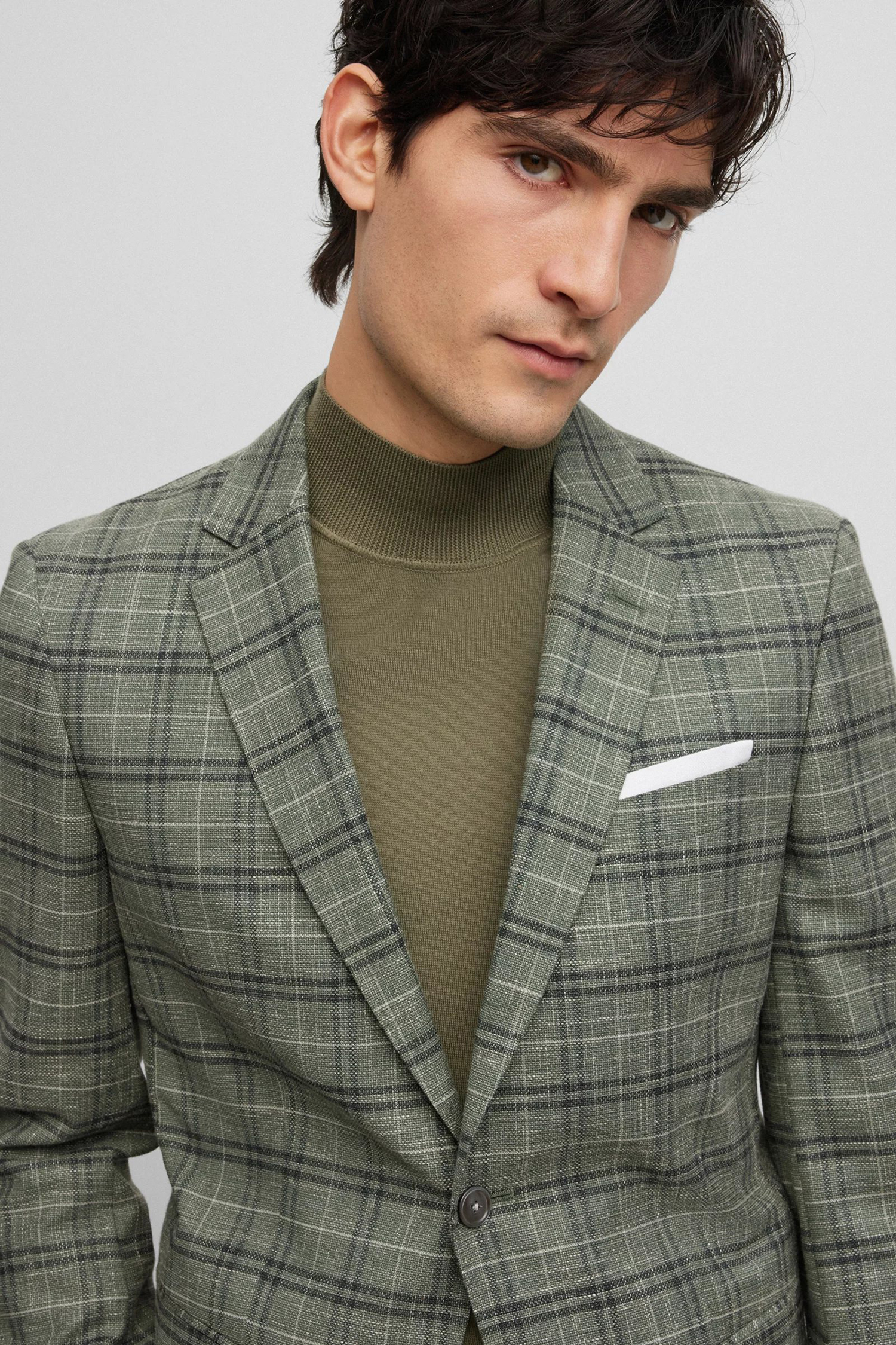 Мужской оливковый шерстяной пиджак в клетку BOSS 50489424;343