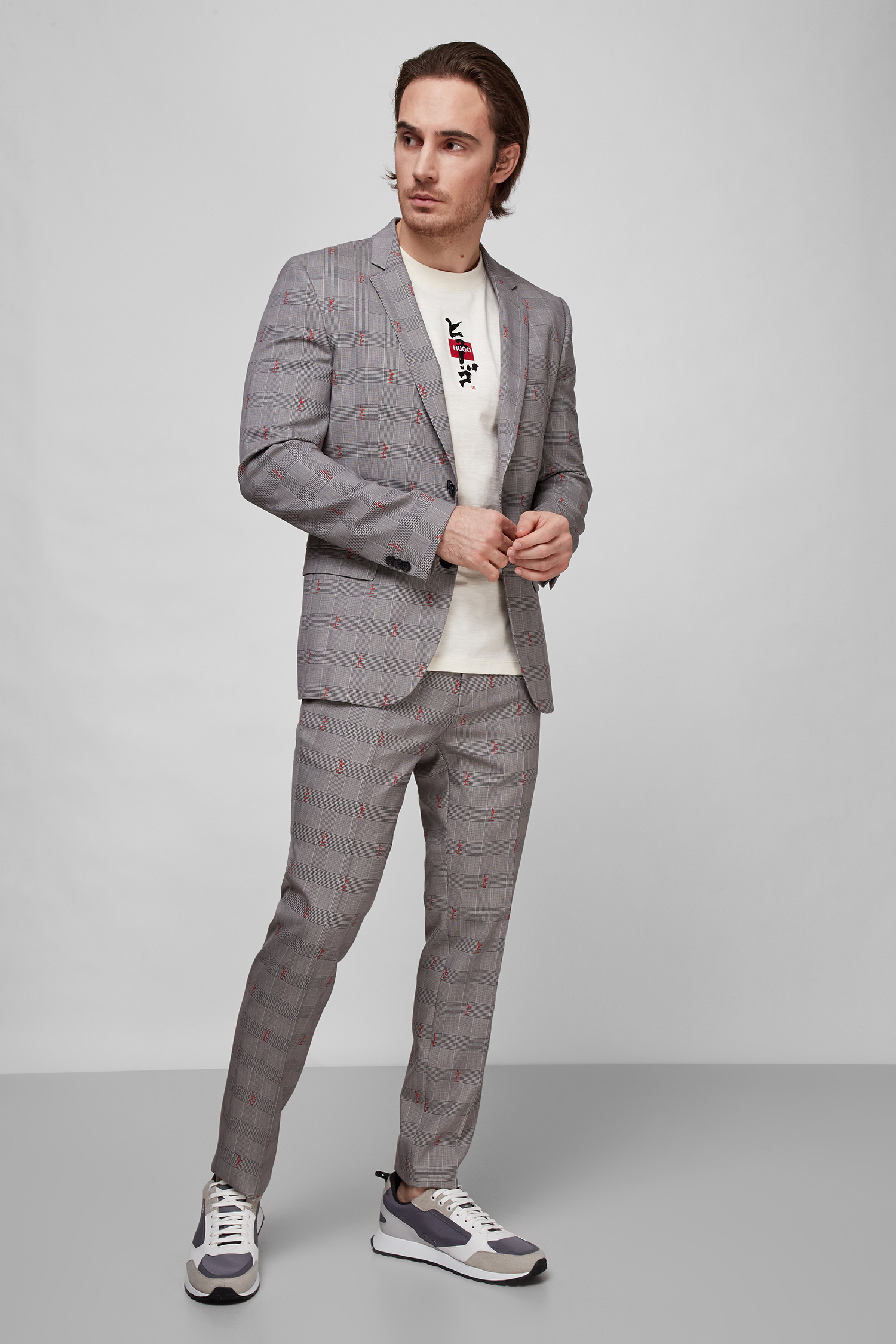 Мужской серый шерстяной костюм в клетку(пиджак, брюки) HUGO 50459659;021