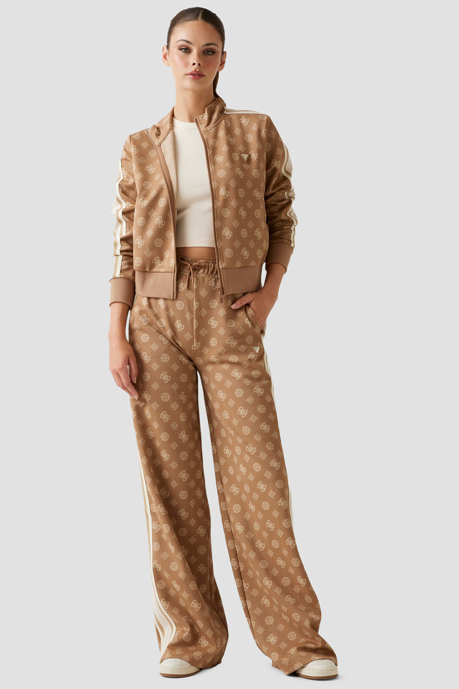 Женские бежевые спортивные брюки с узором Guess V5YB10.K0282;FNDS