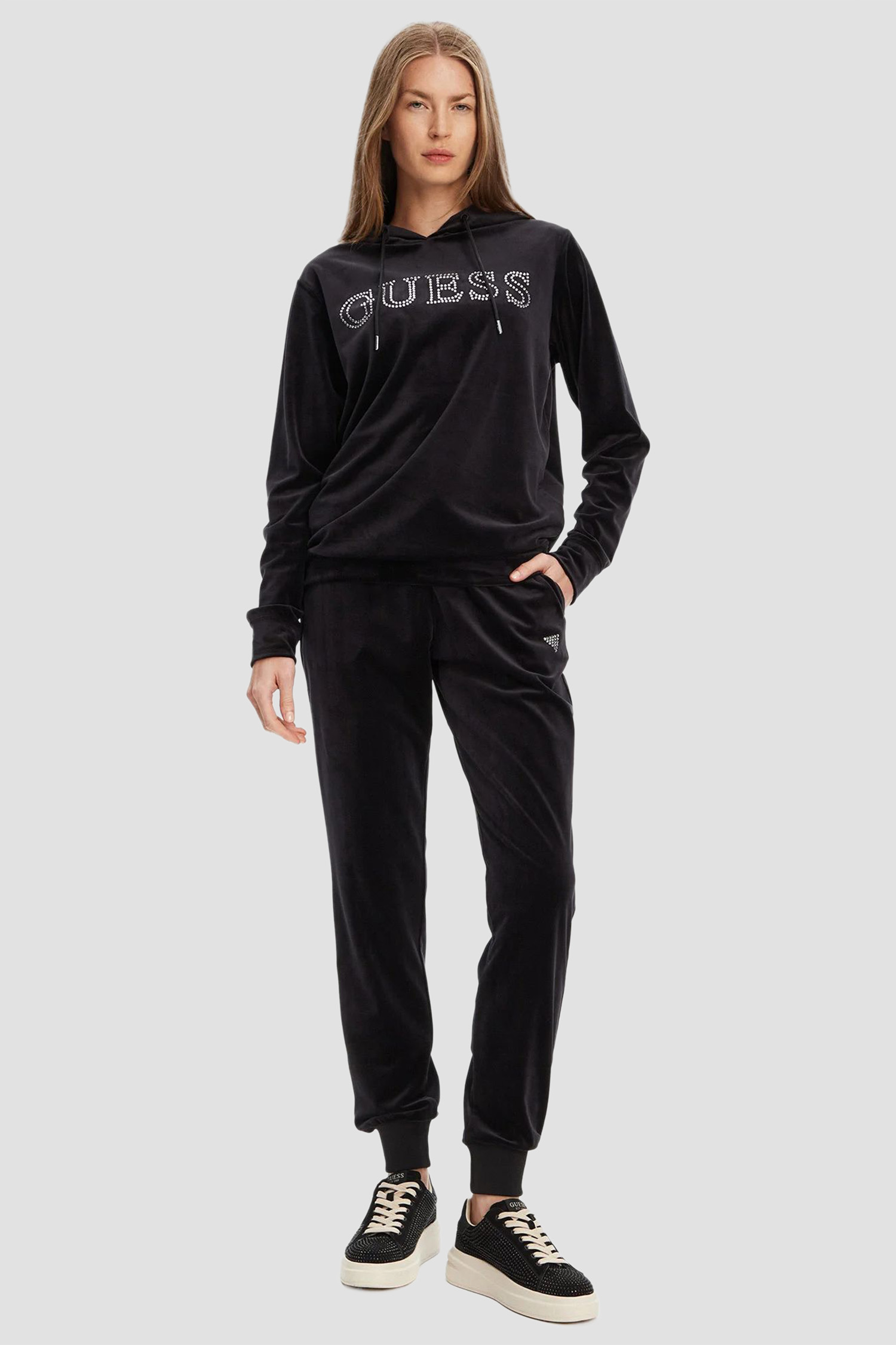 Жіночі чорні велюрові спортивні штани Guess V3BB27.K0232;JBLK