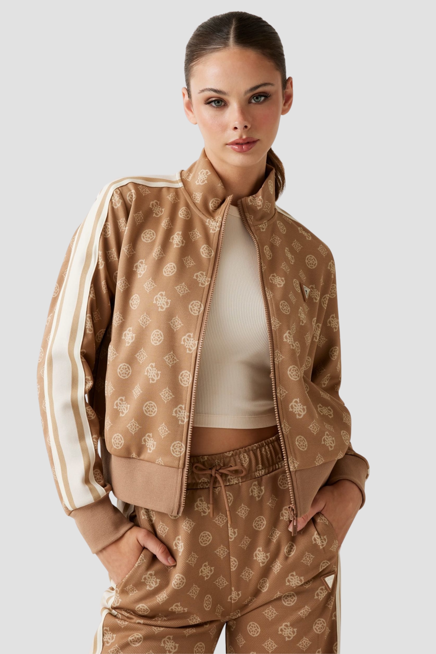 Жіноча бежева спортивна кофта з візерунком Guess V5YQ07.K0282;FNDS