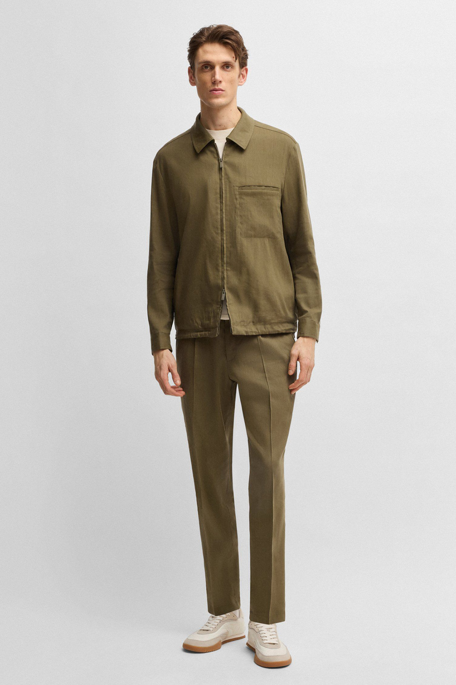 Мужская оливковая льняная рубашка BOSS 50540701;302