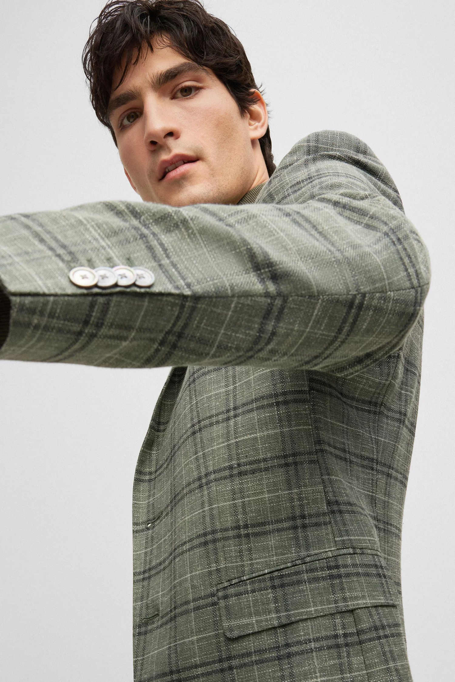 Мужской оливковый шерстяной пиджак в клетку BOSS 50489424;343