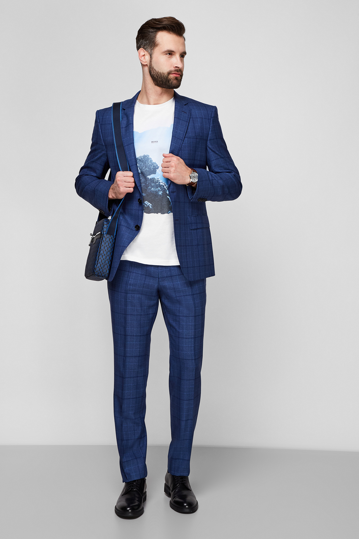 Мужской синий шерстяной костюм в клетку (пиджак, брюки) BOSS 50450446;497