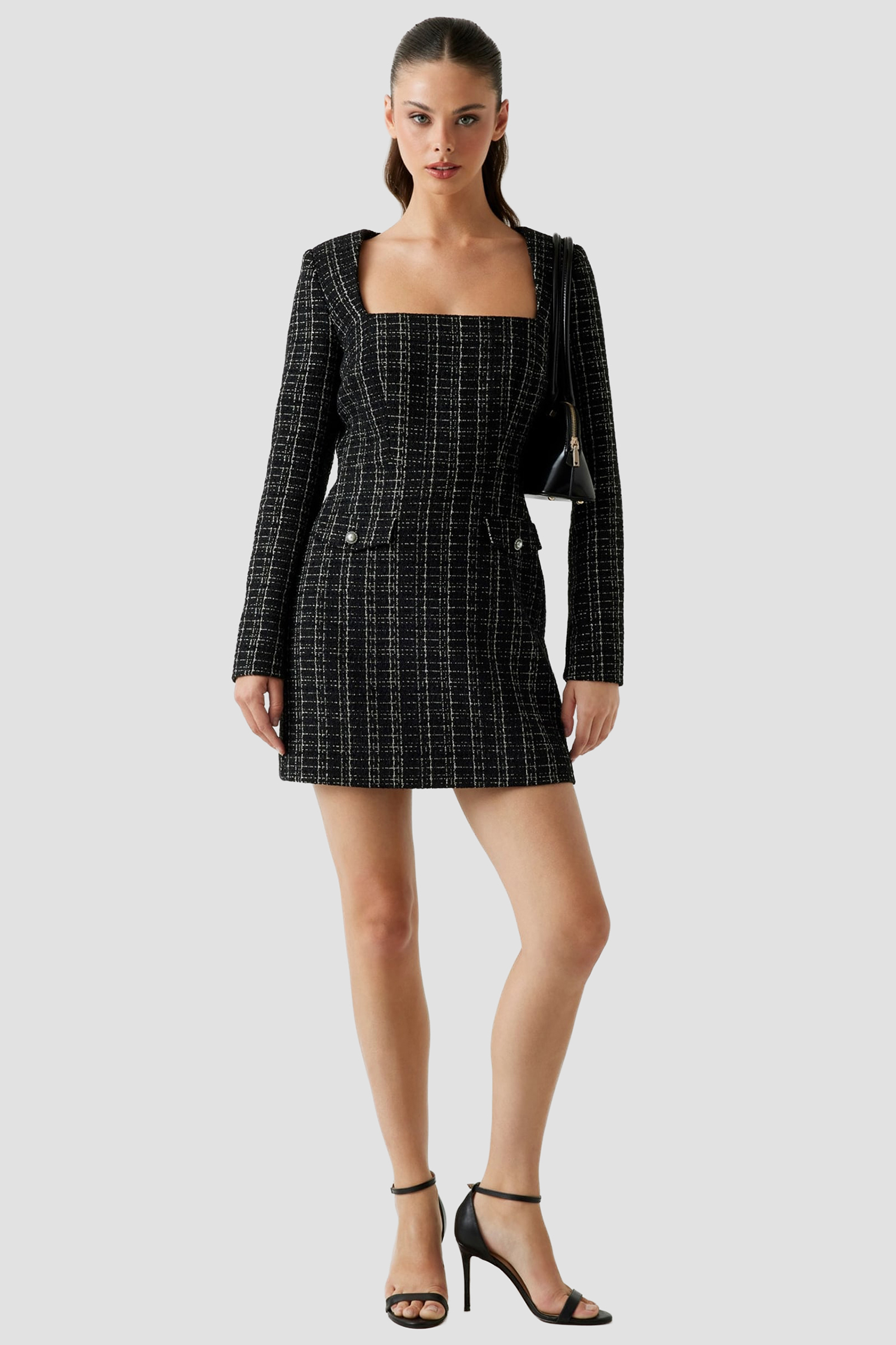Женское черное твидовое платье в клетку Guess W5BK20.W2382;JBLK