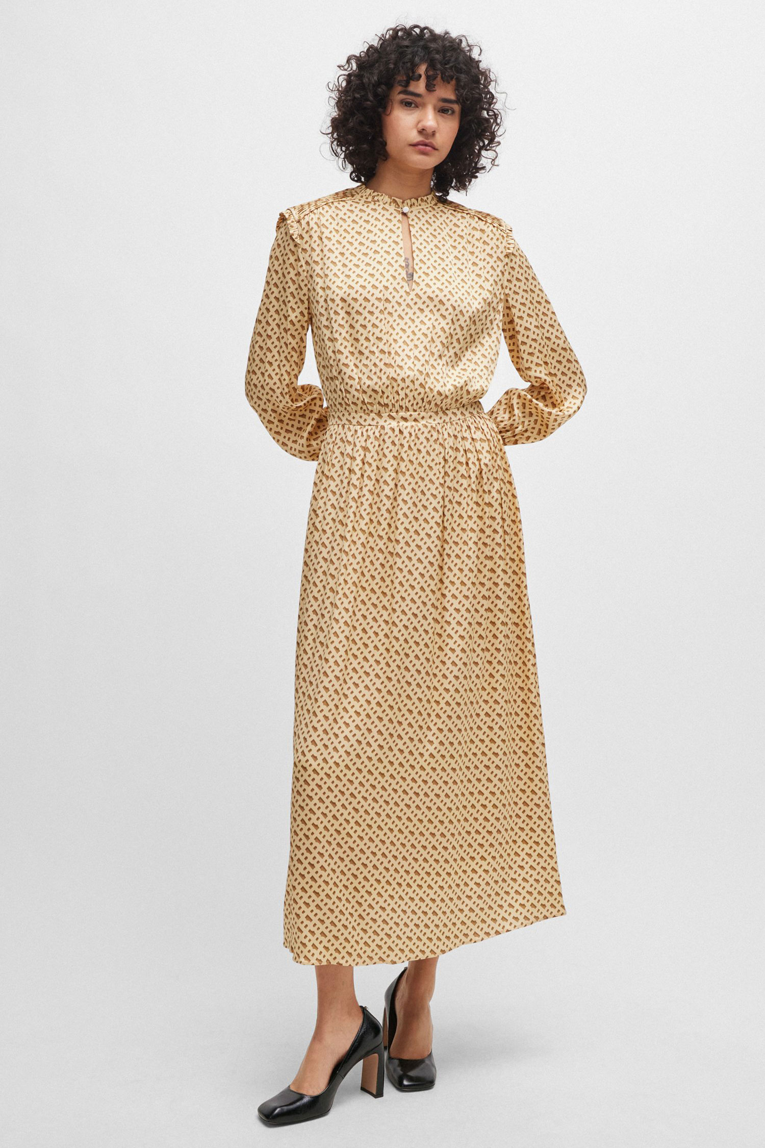 Женское бежевое шелковое платье с узором BOSS 50509345;988