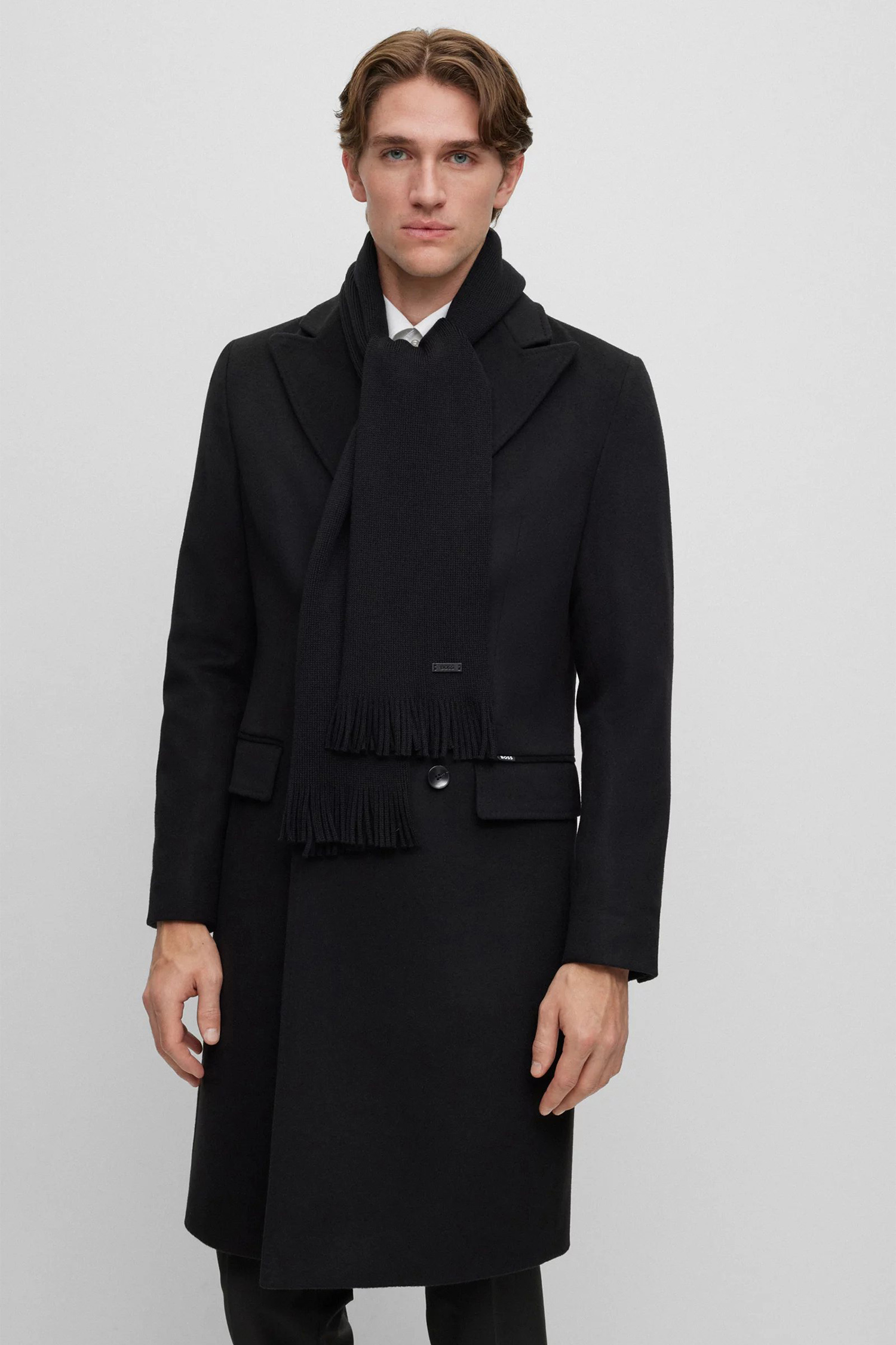 Мужской черный шерстяной шарф BOSS 50495340;001