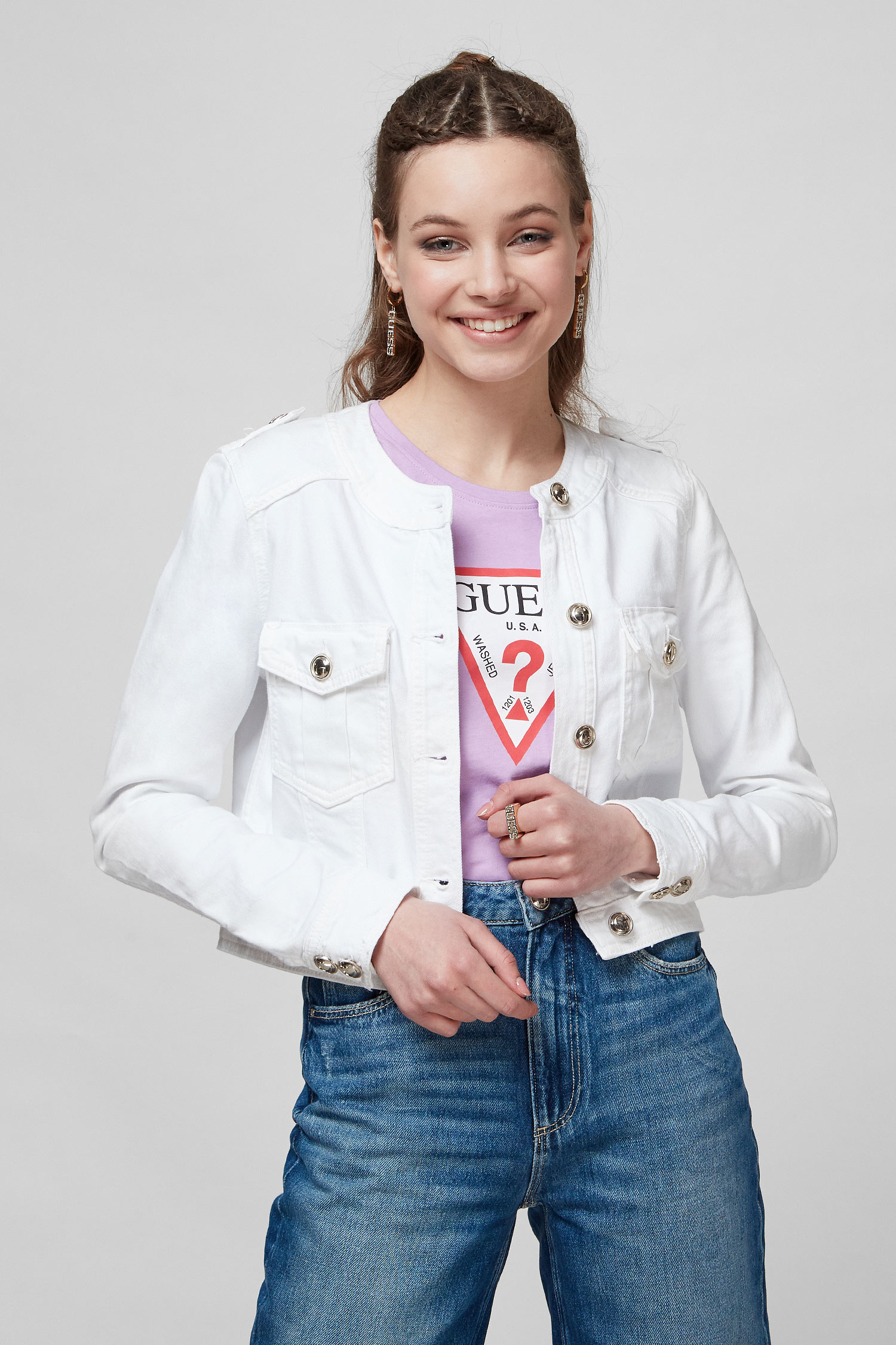 Белая джинсовая куртка для девушек Guess W2RN20.D4IF0;G011