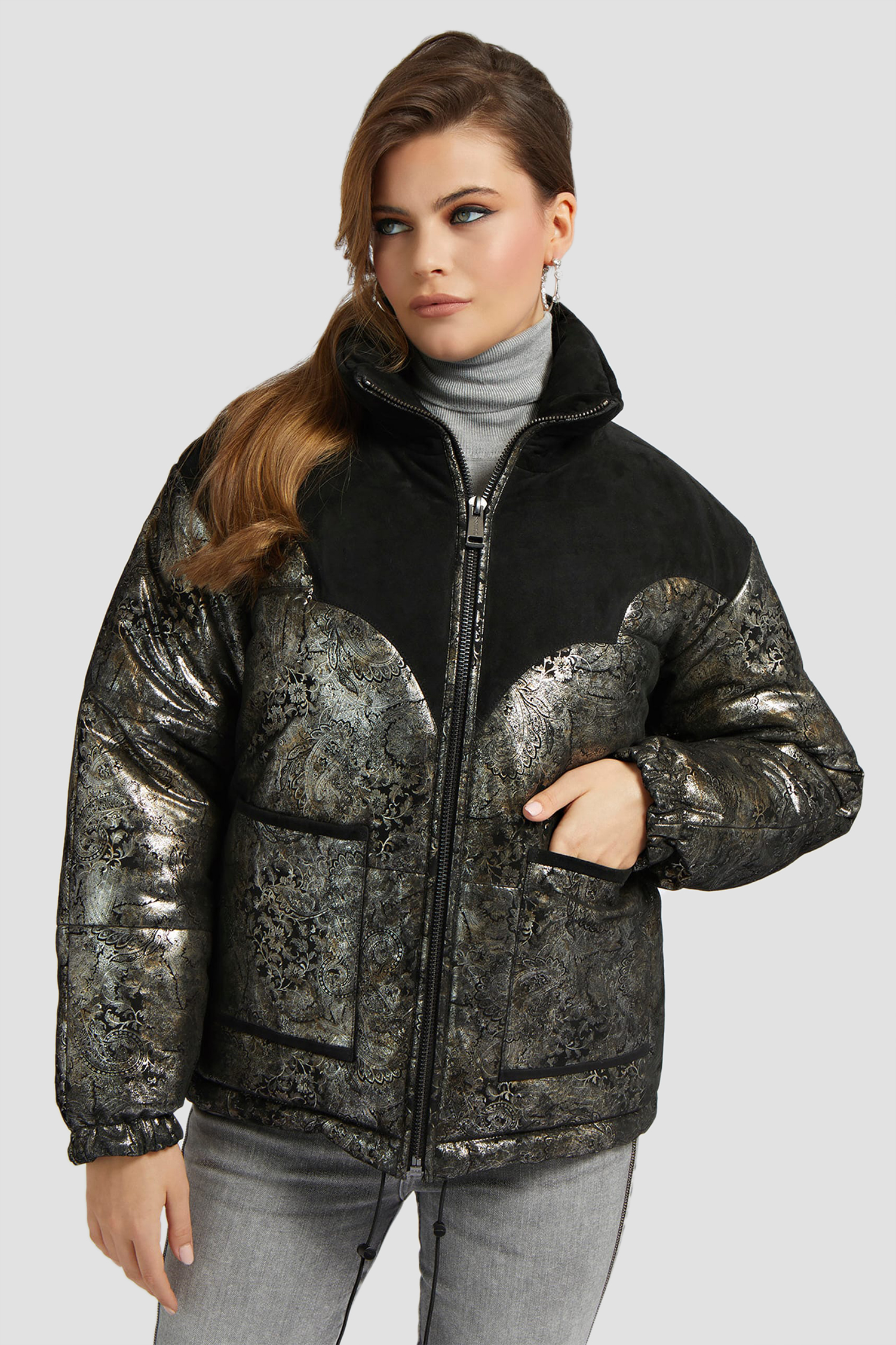 Жіноча шкіряна куртка з візерунком Guess W2BL49.L0RB0;JBLK