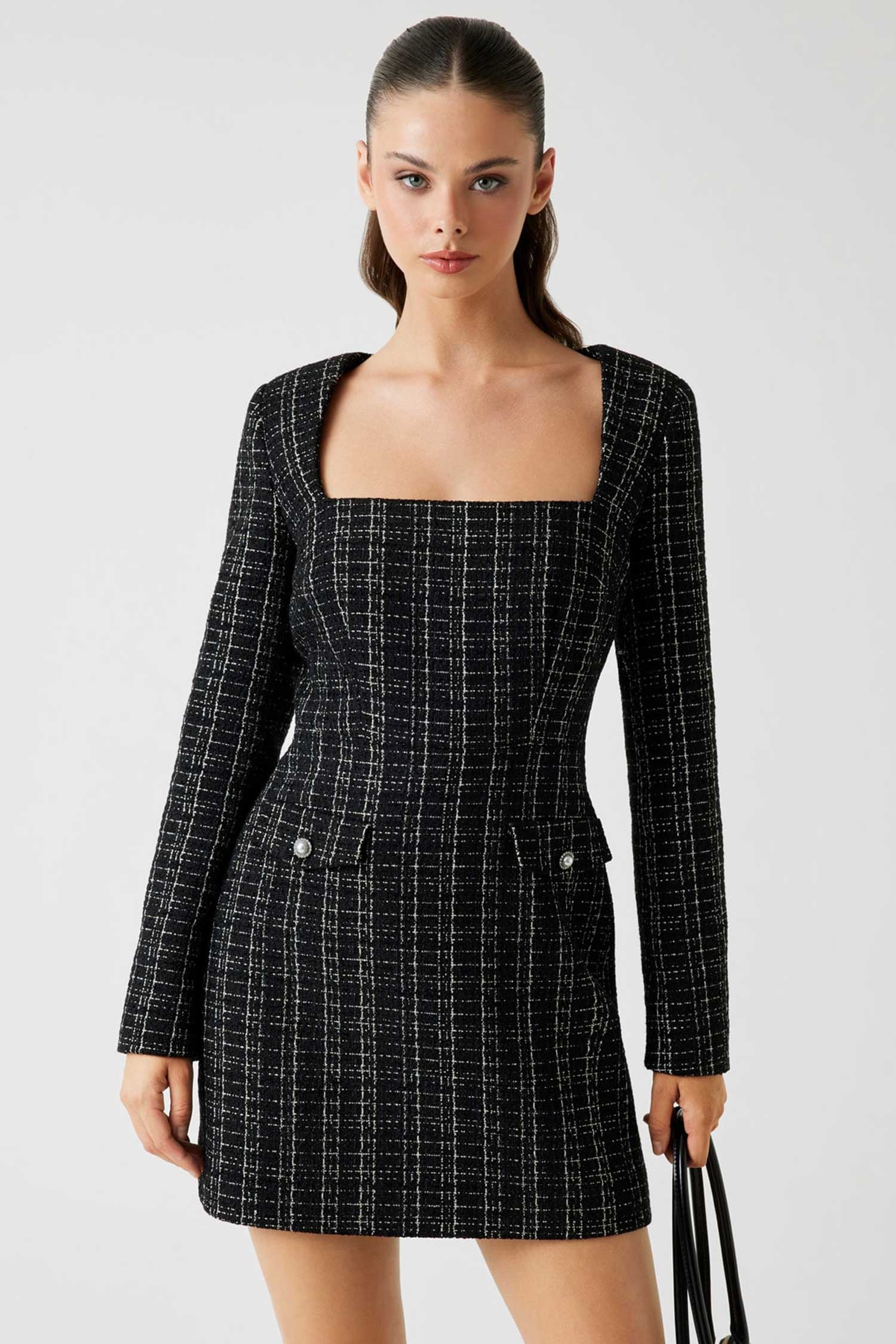 Женское черное твидовое платье в клетку Guess W5BK20.W2382;JBLK
